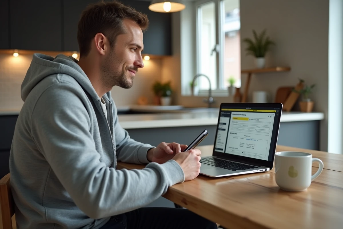 Un homme effectue un transfert d'argent Western Union en ligne depuis son domicile avec un ordinateur portable et un smartphone