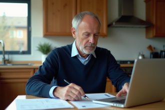 Homme d'âge moyen travaillant à la maison avec papiers et ordinateur