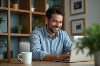 Homme d'âge moyen travaillant sur un laptop dans un salon