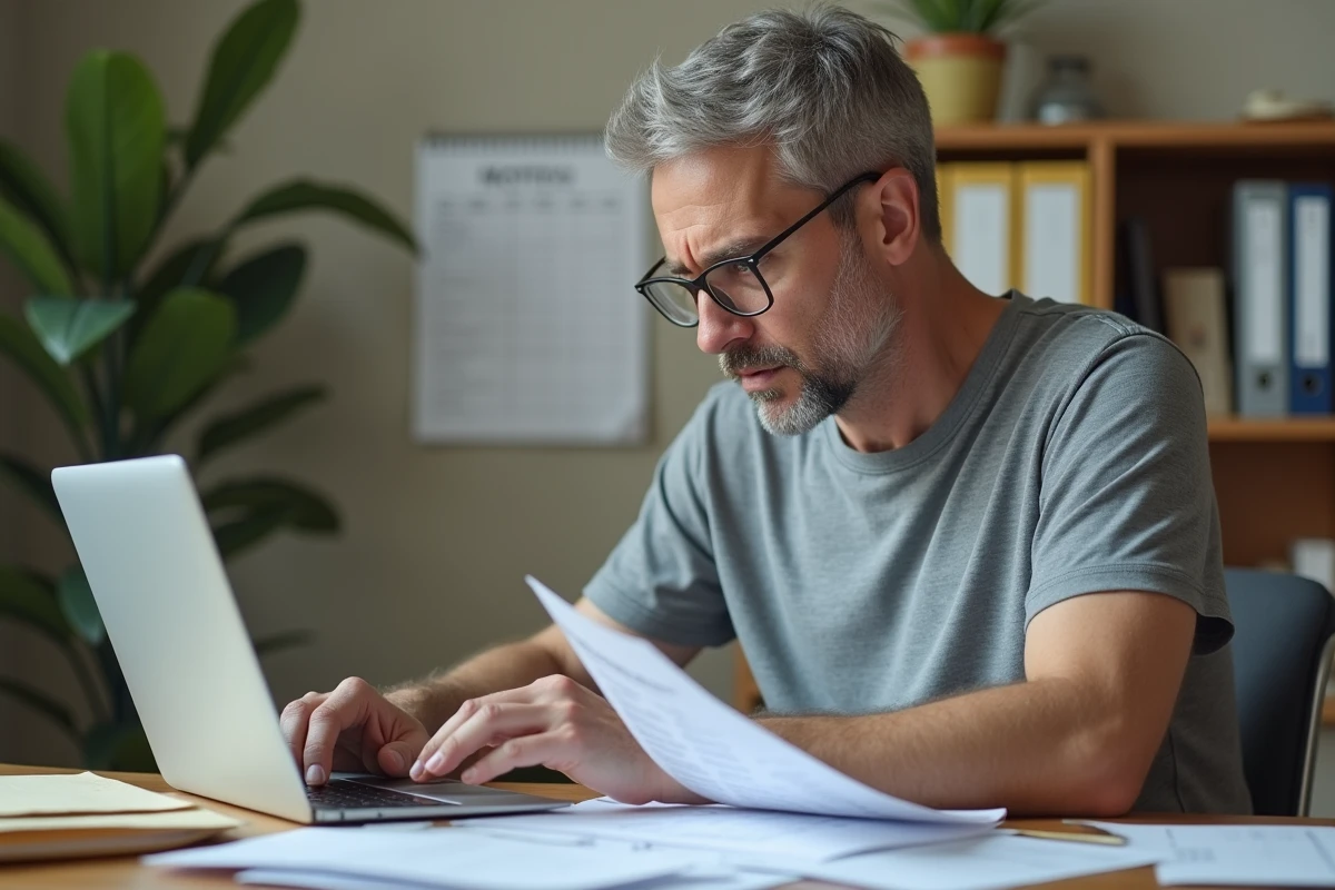Homme travailleur indépendant vérifiant ses droits à la prime d'activité sur un ordinateur avec des documents éparpillés