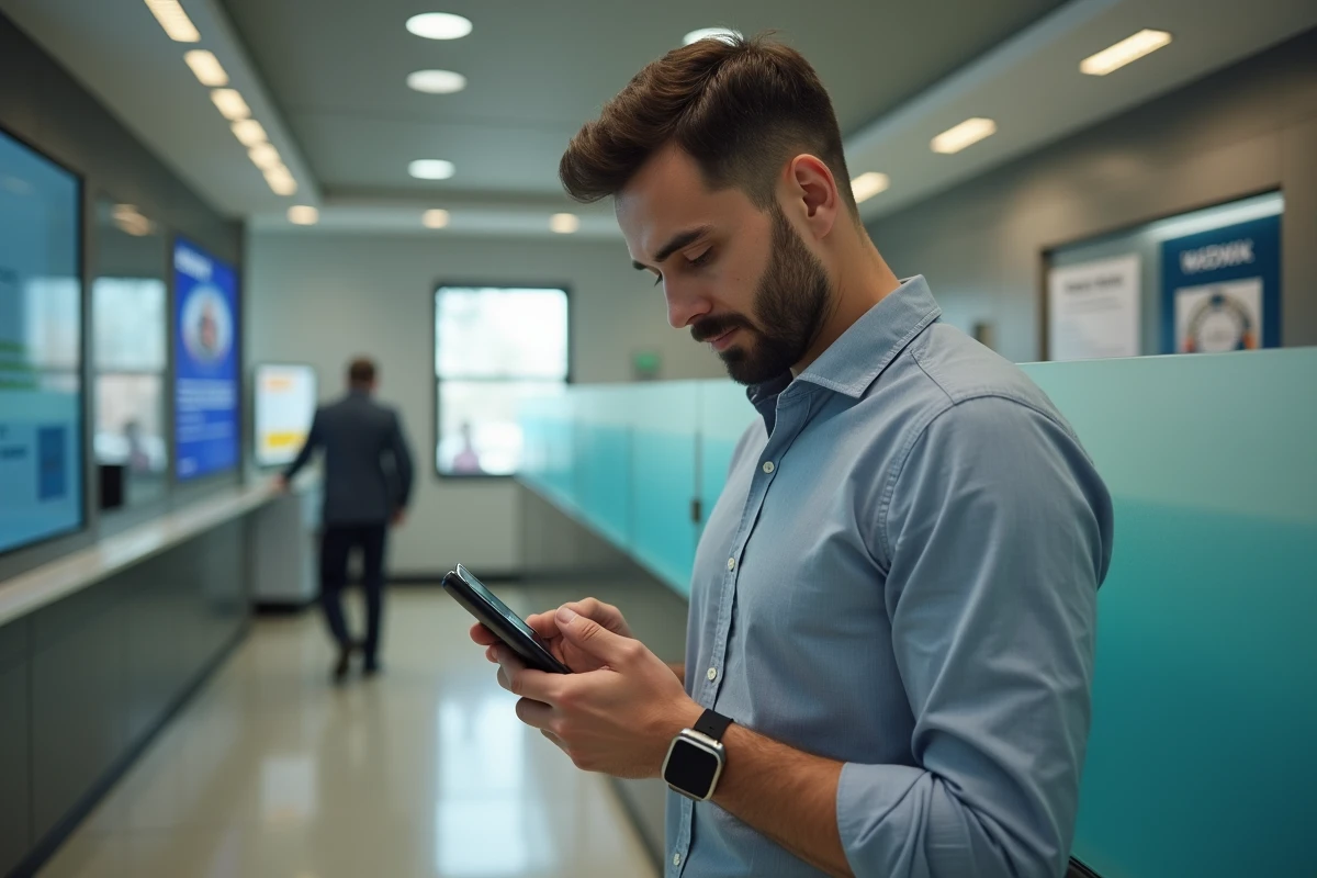 Jeune homme au téléphone dans une agence bancaire