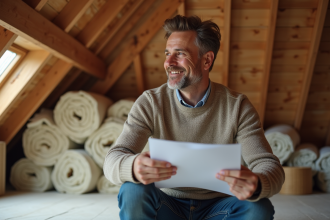Homme inspectant l'isolation du grenier à la maison