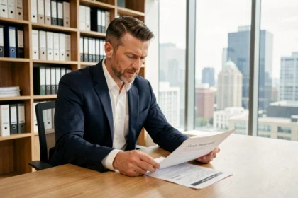 Investisseur analysant des documents sur la SCPI Laffitte Pierre dans un bureau moderne