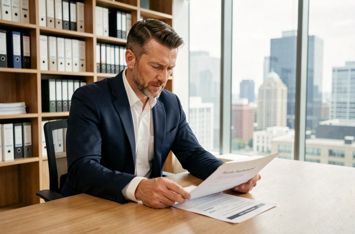 Investisseur analysant des documents sur la SCPI Laffitte Pierre dans un bureau moderne