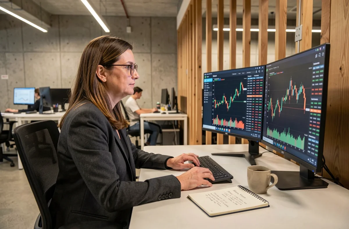 Investisseuse analysant des données financières sur deux écrans pour évaluer les risques avant d'investir