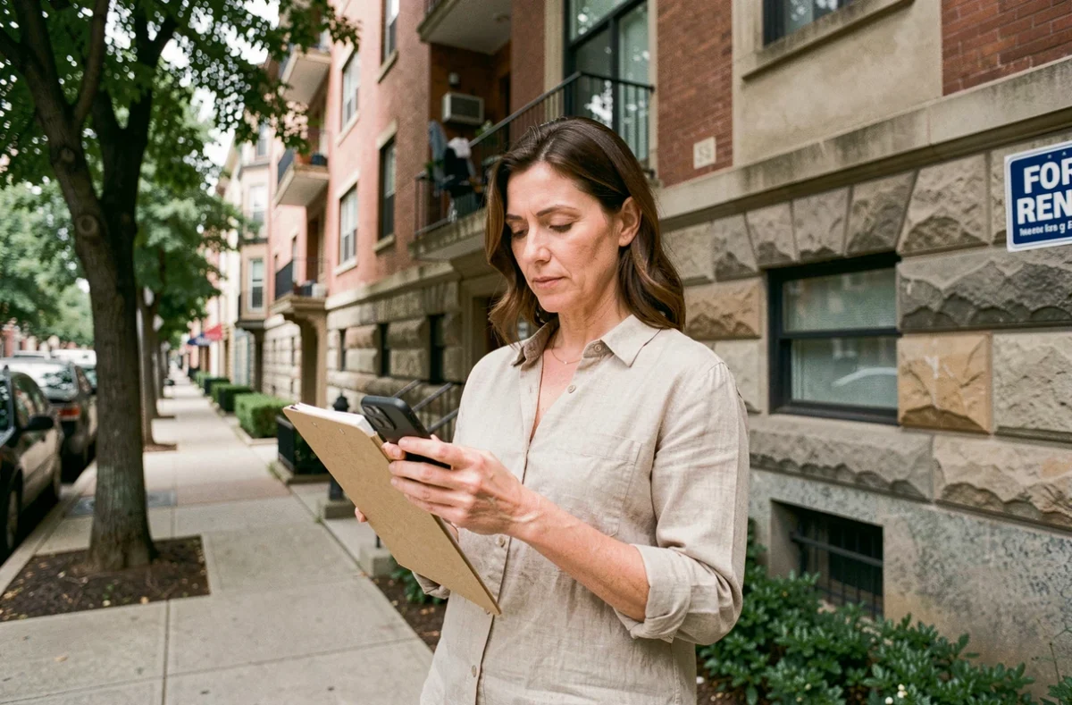Femme investisseuse devant un immeuble locatif évaluant la rentabilité d'un bien immobilier