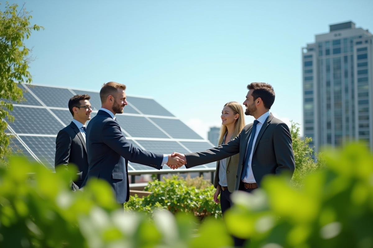 Professionnels en rooftop jardin avec panneaux solaires et plantes