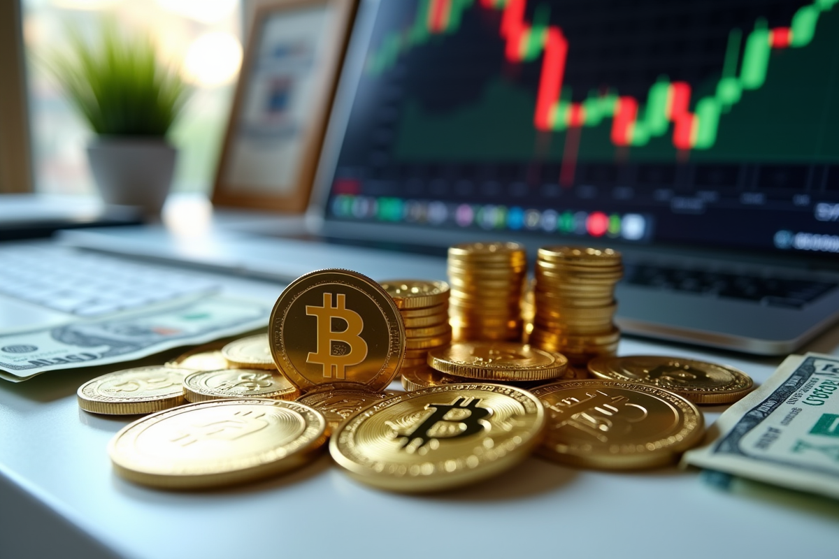 Pièces d or et de argent avec logos de cryptomonnaies sur bureau blanc