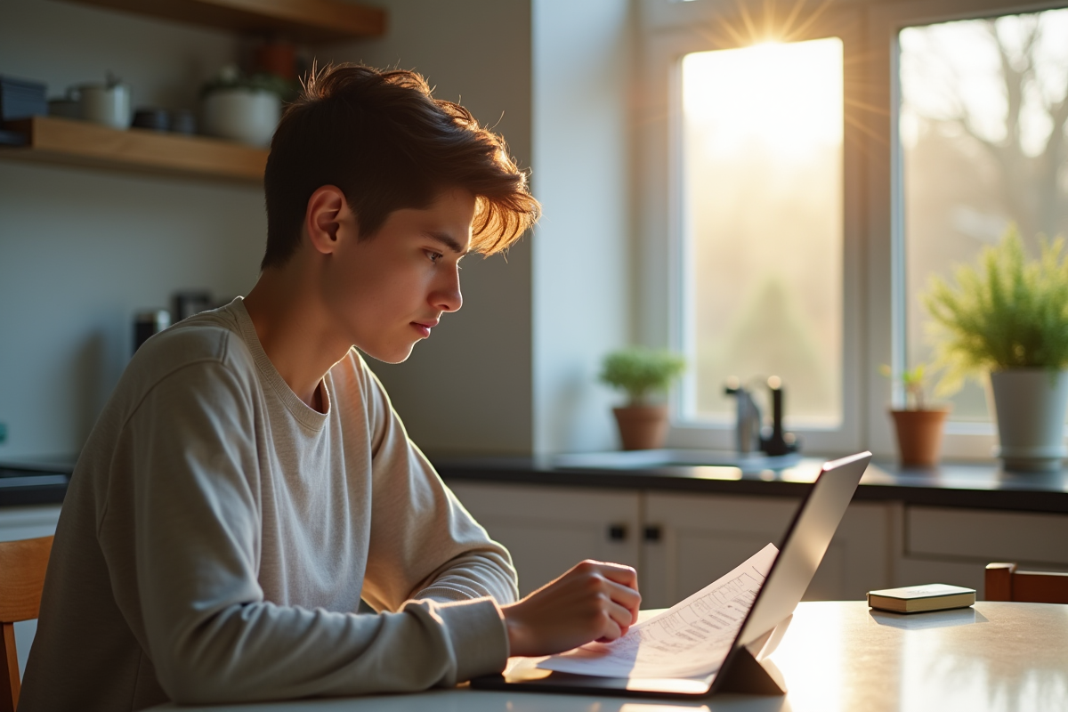 Jeune adulte examinant des documents financiers à la maison