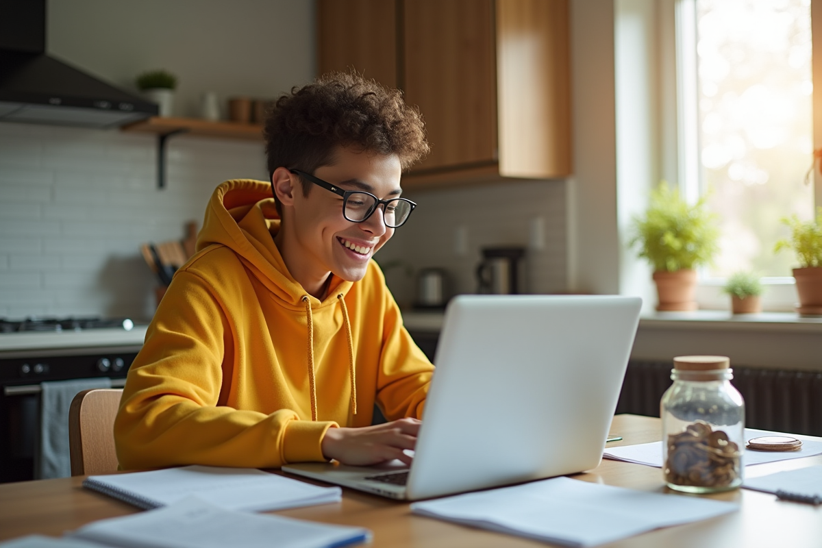 Jeune adulte travaillant sur un ordinateur dans une cuisine ensoleillee