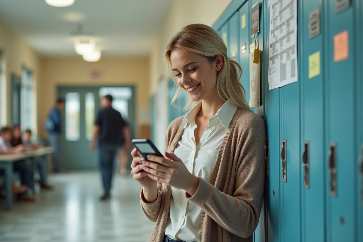 Jeune enseignante dans le couloir scolaire regardant son smartphone