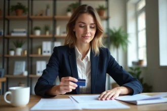 Jeune femme en blazer bleu examine des documents dans un bureau