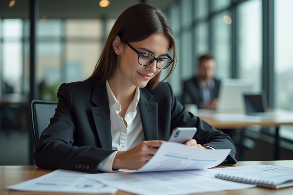 Jeune femme en bureau examinant documents et smartphone
