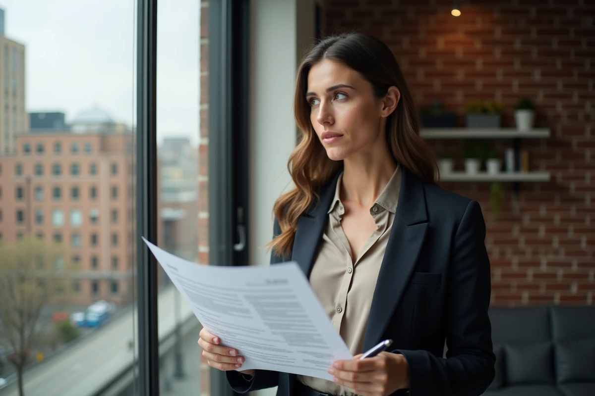 Jeune femme professionnelle tenant un contrat dans un intérieur lumineux