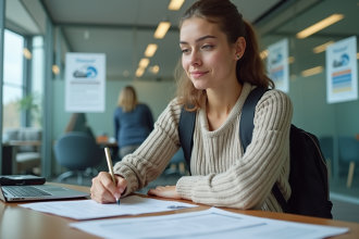Jeune femme remplissant un formulaire d'aide financière dans un bureau moderne