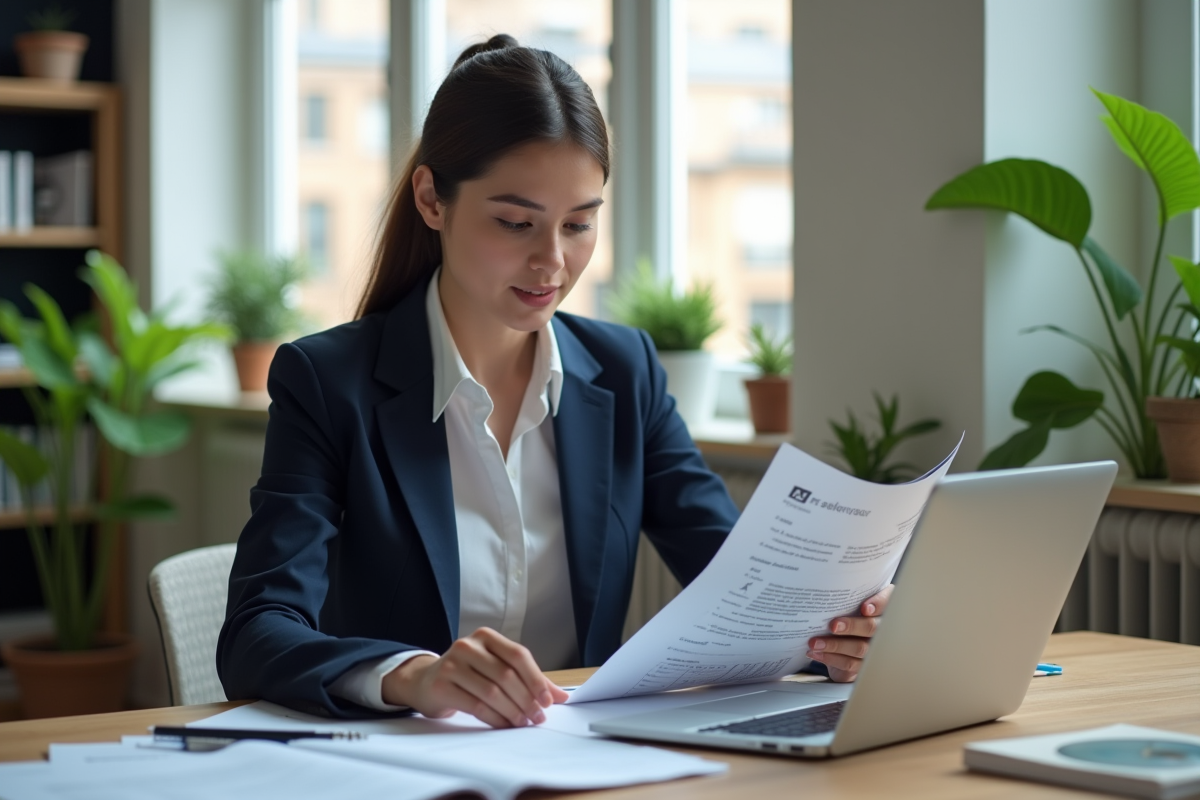Jeune femme en blazer bleu examine des documents financiers