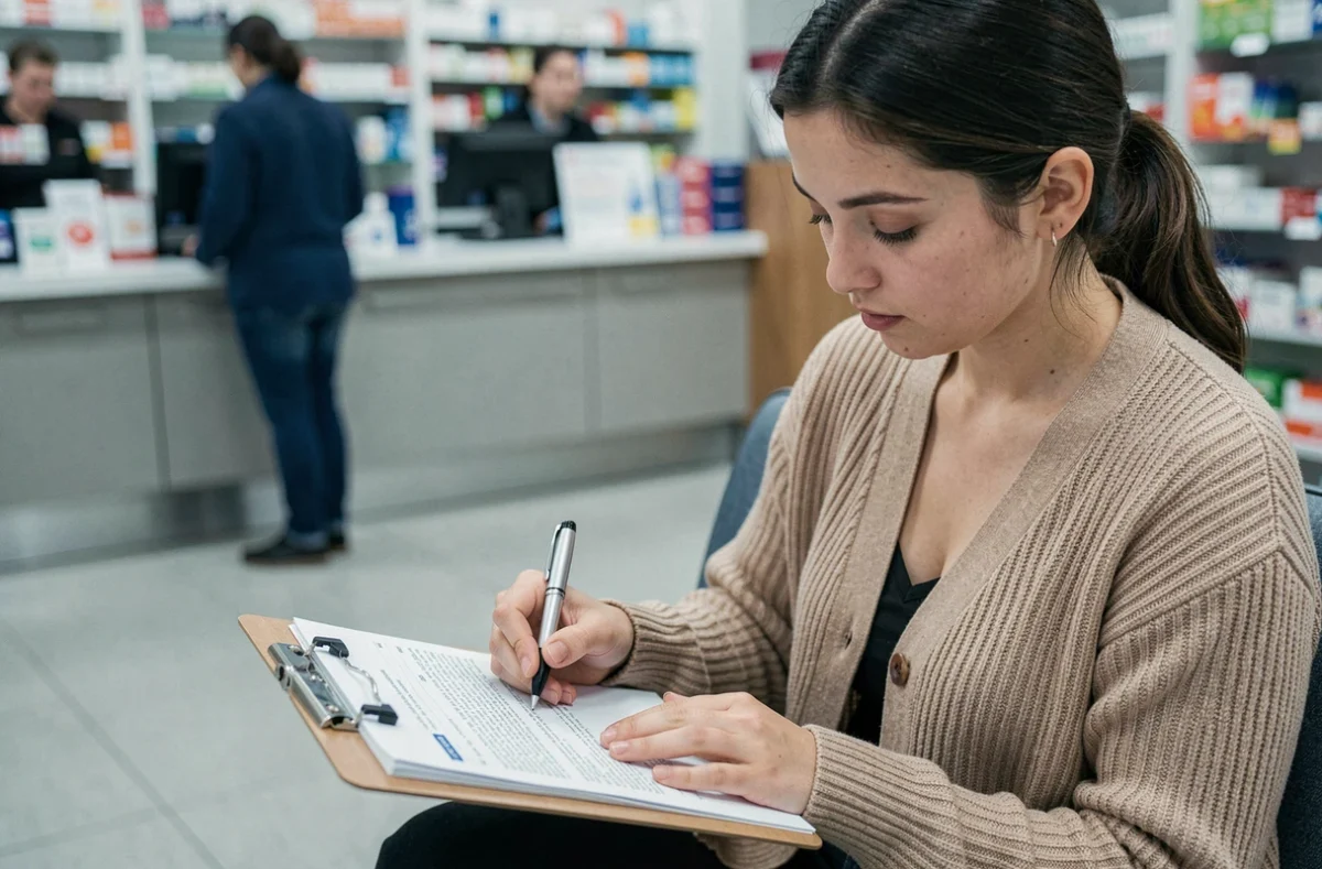 Jeune femme remplissant un formulaire de remboursement mutuelle dans une pharmacie