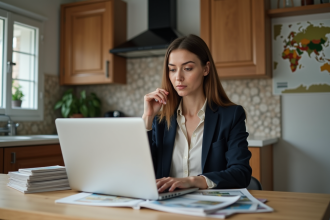 Jeune femme réfléchie compare annonces immobilières en Europe