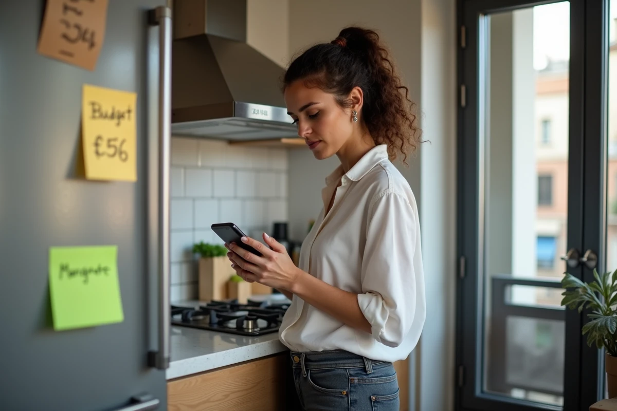 Jeune femme consultant une application de simulation de prime d'activité sur son smartphone dans sa cuisine