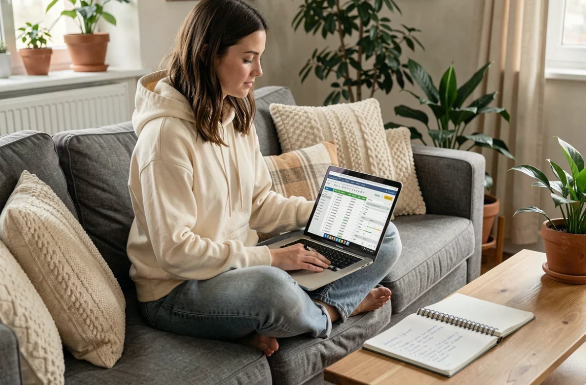 Jeune femme suivant ses gains de cashback sur un tableau Excel depuis son canapé, optimisant ses abonnements swagbugs pour maximiser la rentabilité