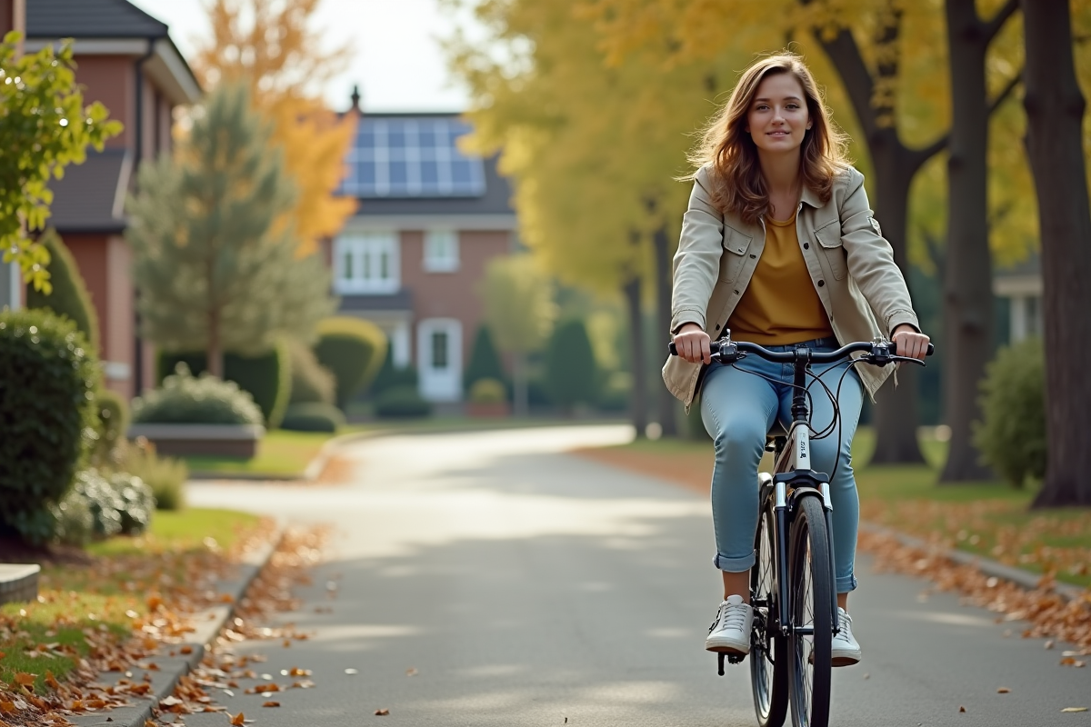Jeune femme à vélo dans un quartier écologique