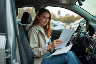 Jeune femme dans une voiture d'occasion en ville