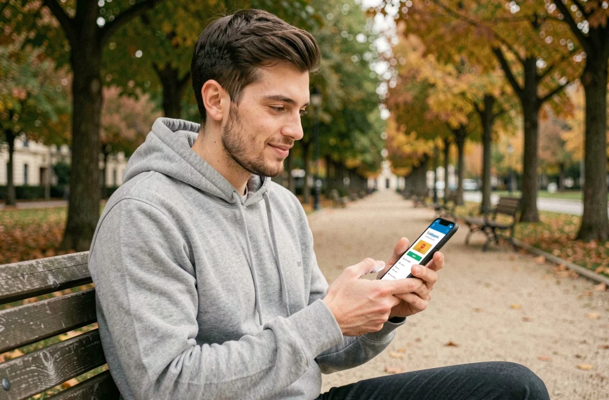 Jeune homme utilisant l'application Crédit Agricole CA22 sur son smartphone dans un parc urbain français