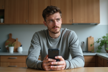 Jeune homme pensif avec carte bloquee et smartphone