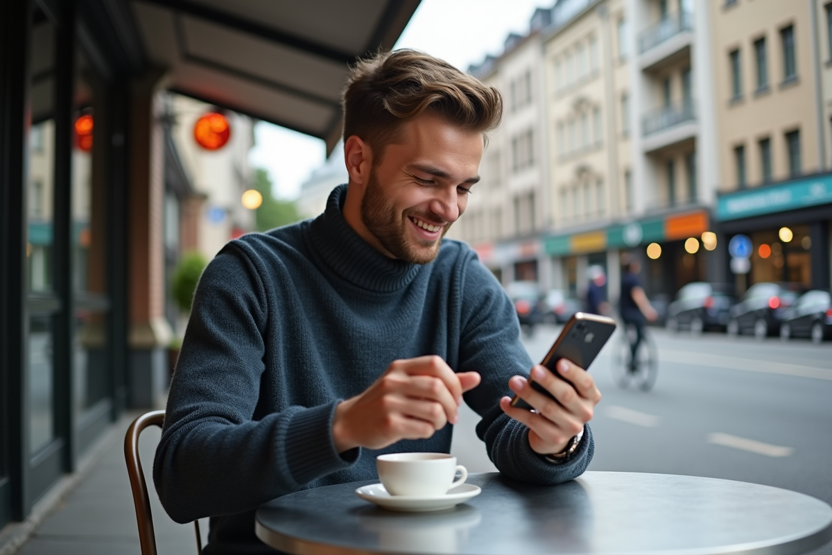 Jeune homme utilisant son smartphone avec application crypto