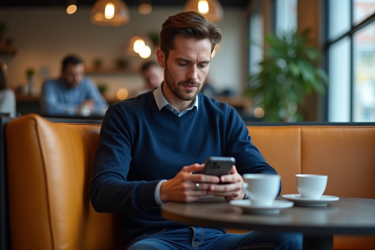 Jeune homme au smartphone dans un café moderne