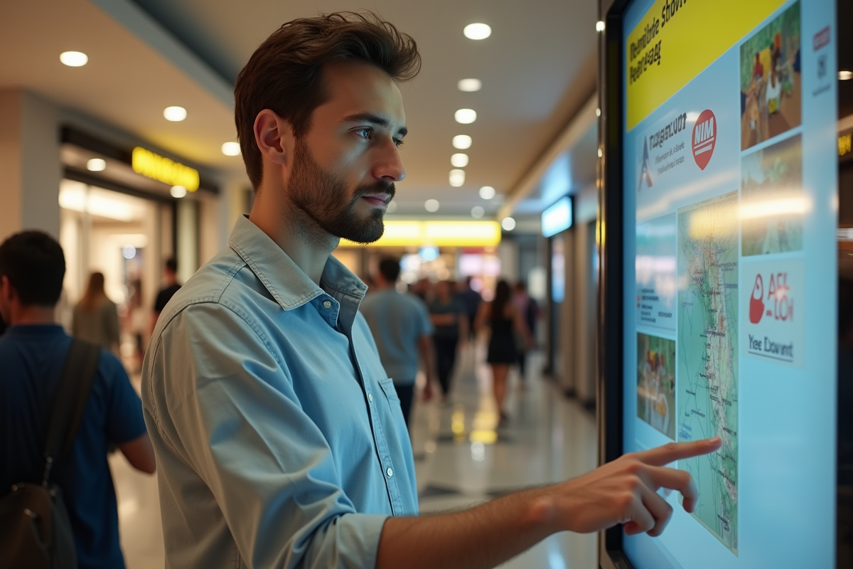 Jeune homme utilisant un kiosque de transfert d argent dans un centre commercial