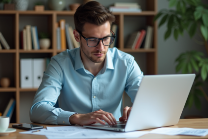 Jeune homme concentré travaillant sur son ordinateur à la maison