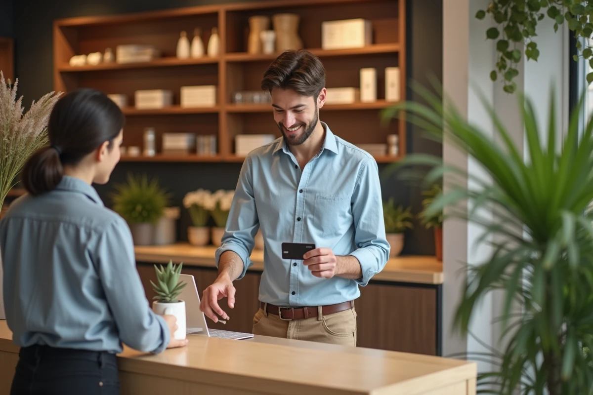 Jeune homme payant avec une carte Kadéos en boutique