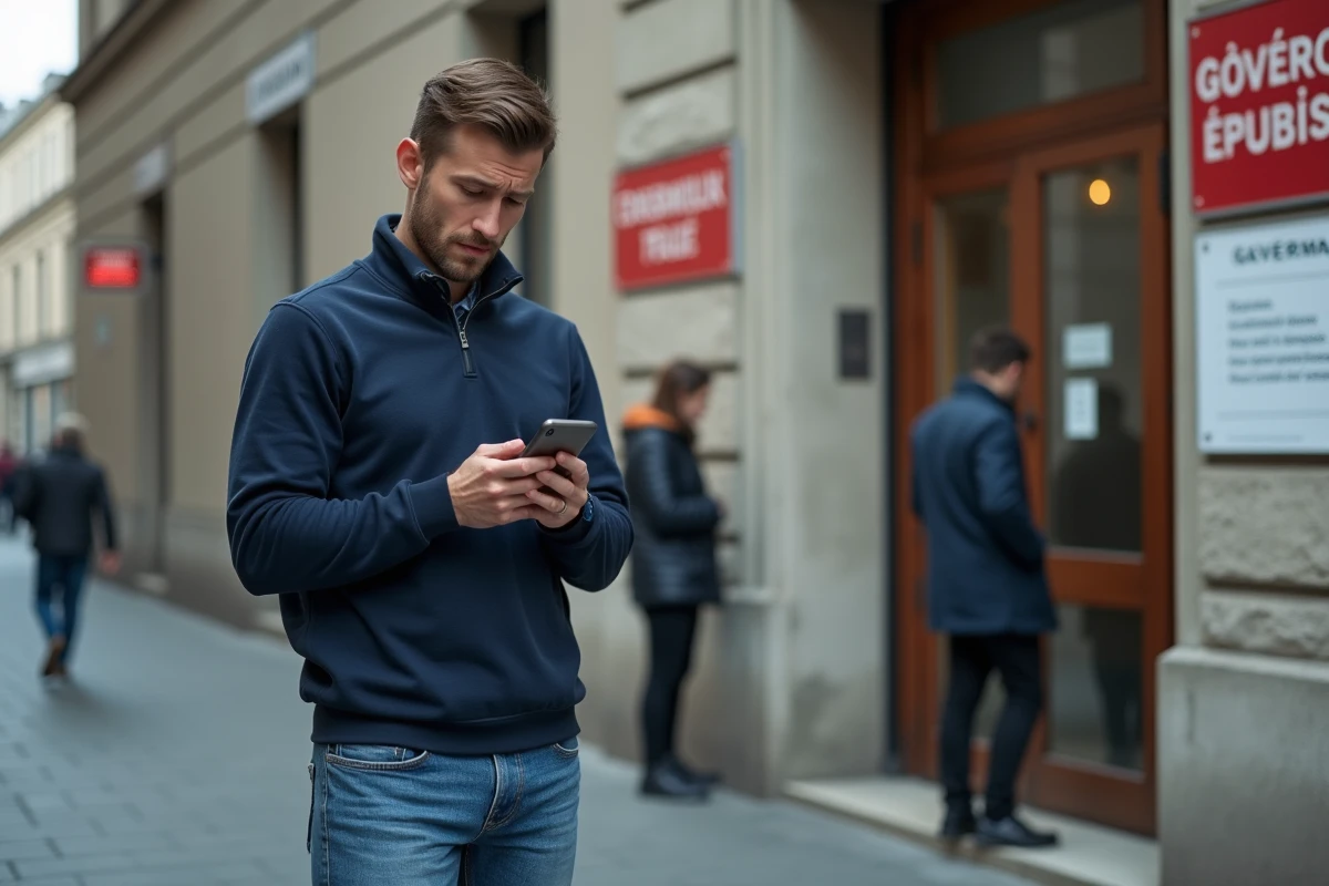 Jeune homme inquiet vérifie son téléphone devant un bâtiment officiel