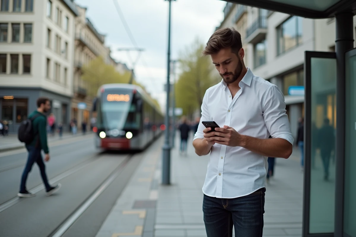 Jeune homme fran&ccedil;ais v&eacute;rifiant son smartphone &agrave; un arr&ecirc;t de tram