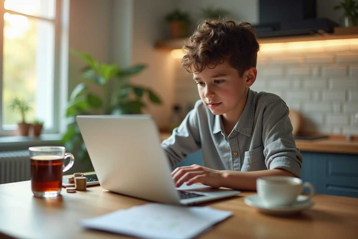 Jeune personne calculant cashback sur un ordinateur dans une cuisine lumineuse