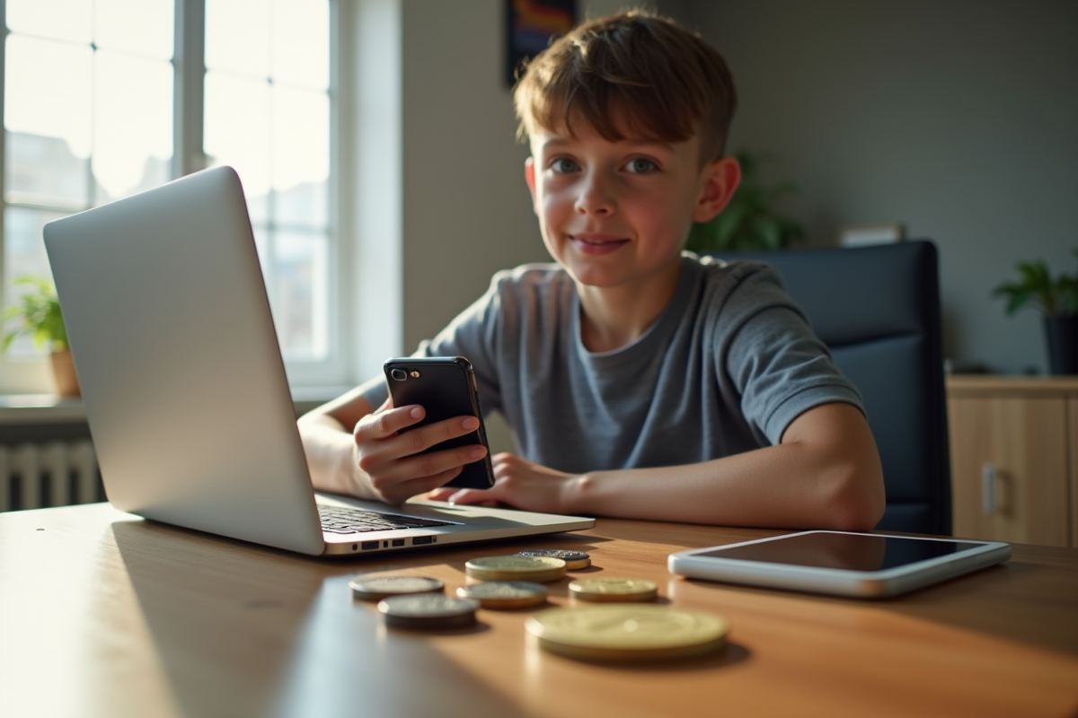 Jeune personne utilisant une application de cryptomonnaie sur smartphone dans un bureau lumineux