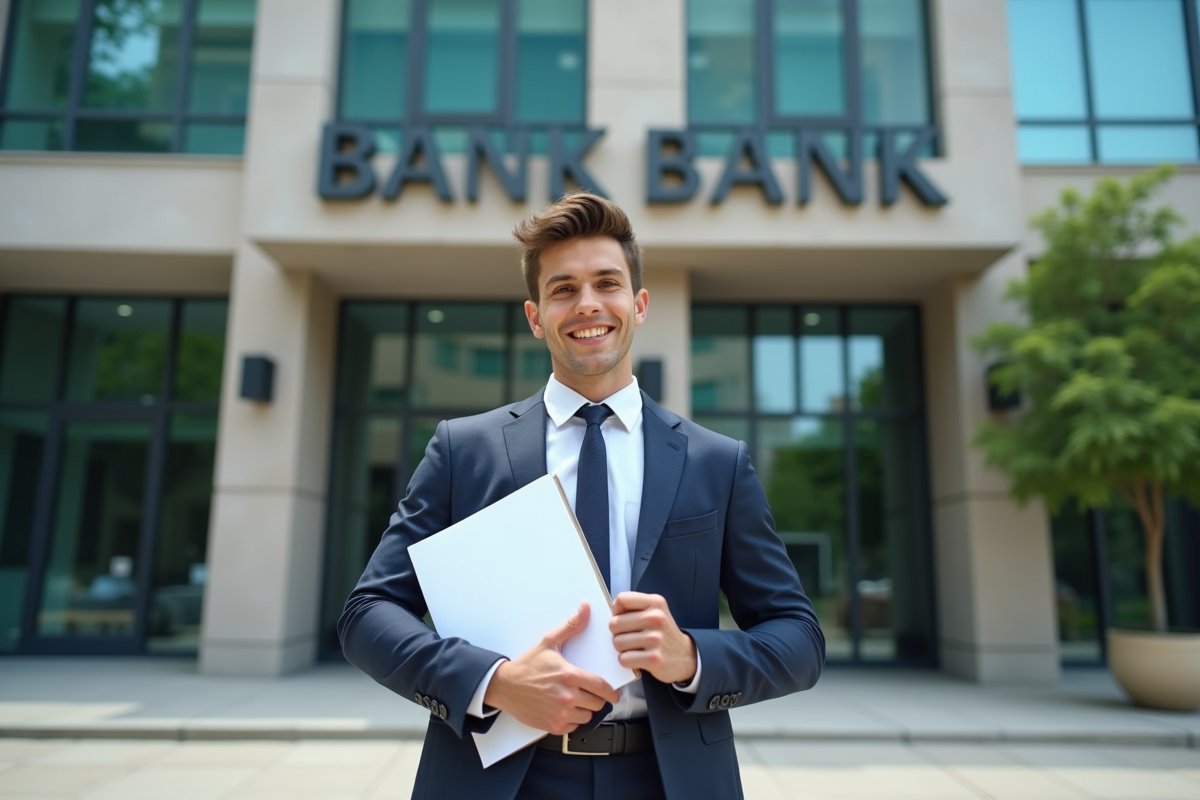 Jeune professionnel devant une banque avec documents de prêt