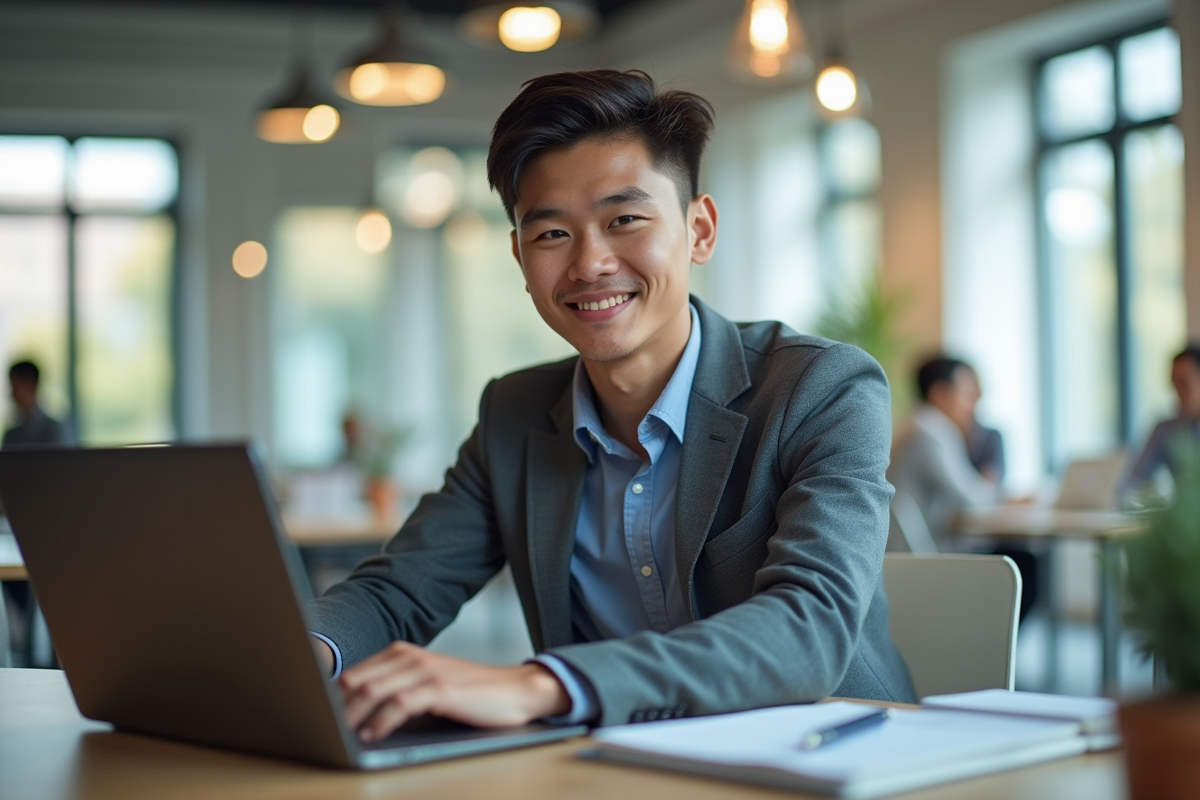 Jeune professionnel travaillant sur un ordinateur portable dans un bureau moderne