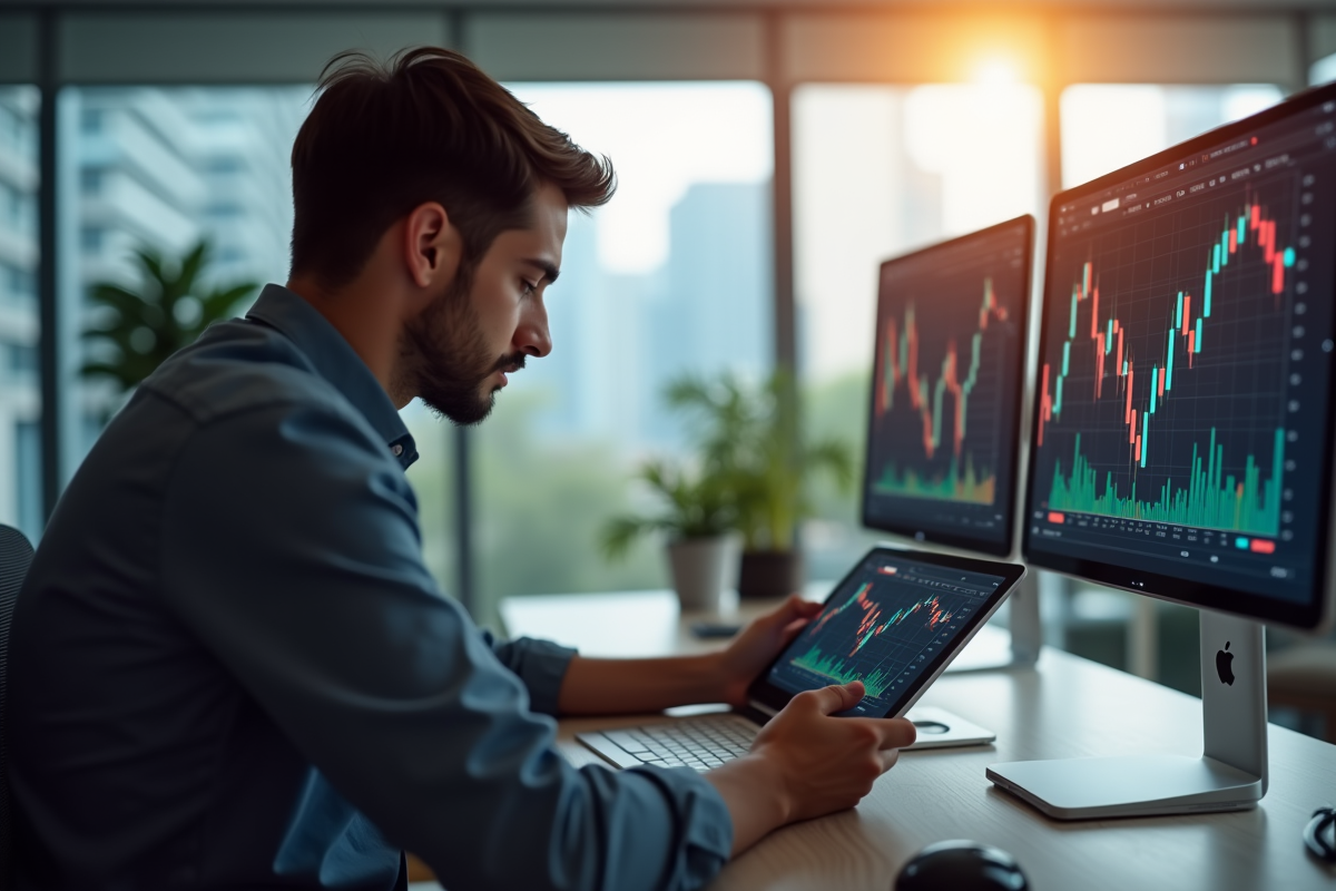 Jeune professionnel analysant un graphique d'investissement sur une tablette