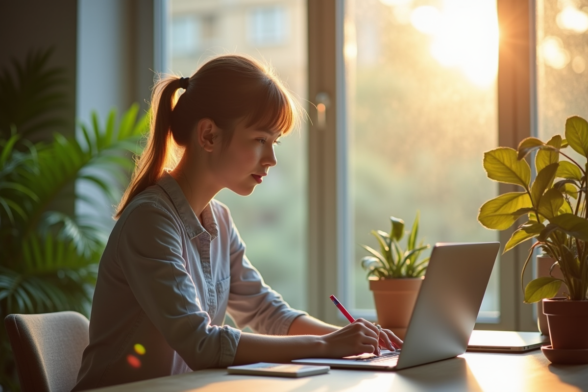 Jeune professionnel travaillant à distance sur un bureau moderne avec lumière naturelle