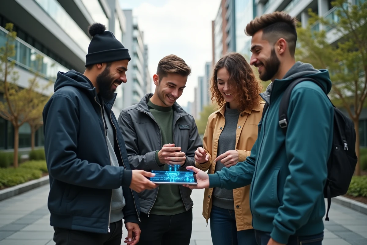Groupe de jeunes professionnels avec tablette dans un campus urbain