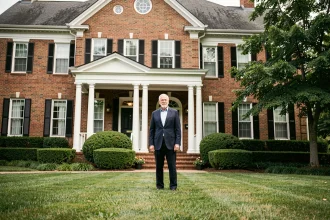Homme politique américain âgé devant une grande maison coloniale en briques rouges à Wilmington Delaware