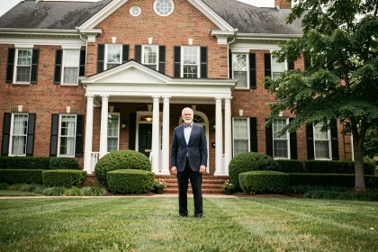 Homme politique américain âgé devant une grande maison coloniale en briques rouges à Wilmington Delaware