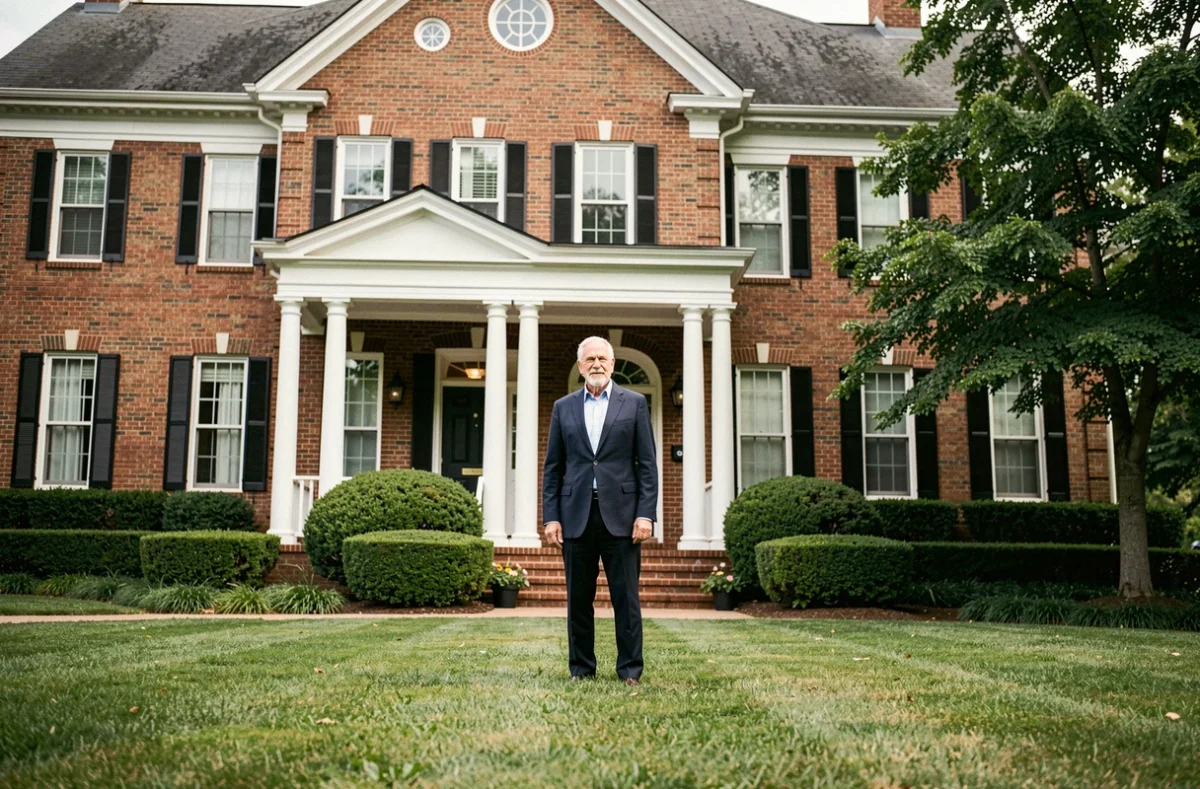Homme politique américain âgé devant une grande maison coloniale en briques rouges à Wilmington Delaware