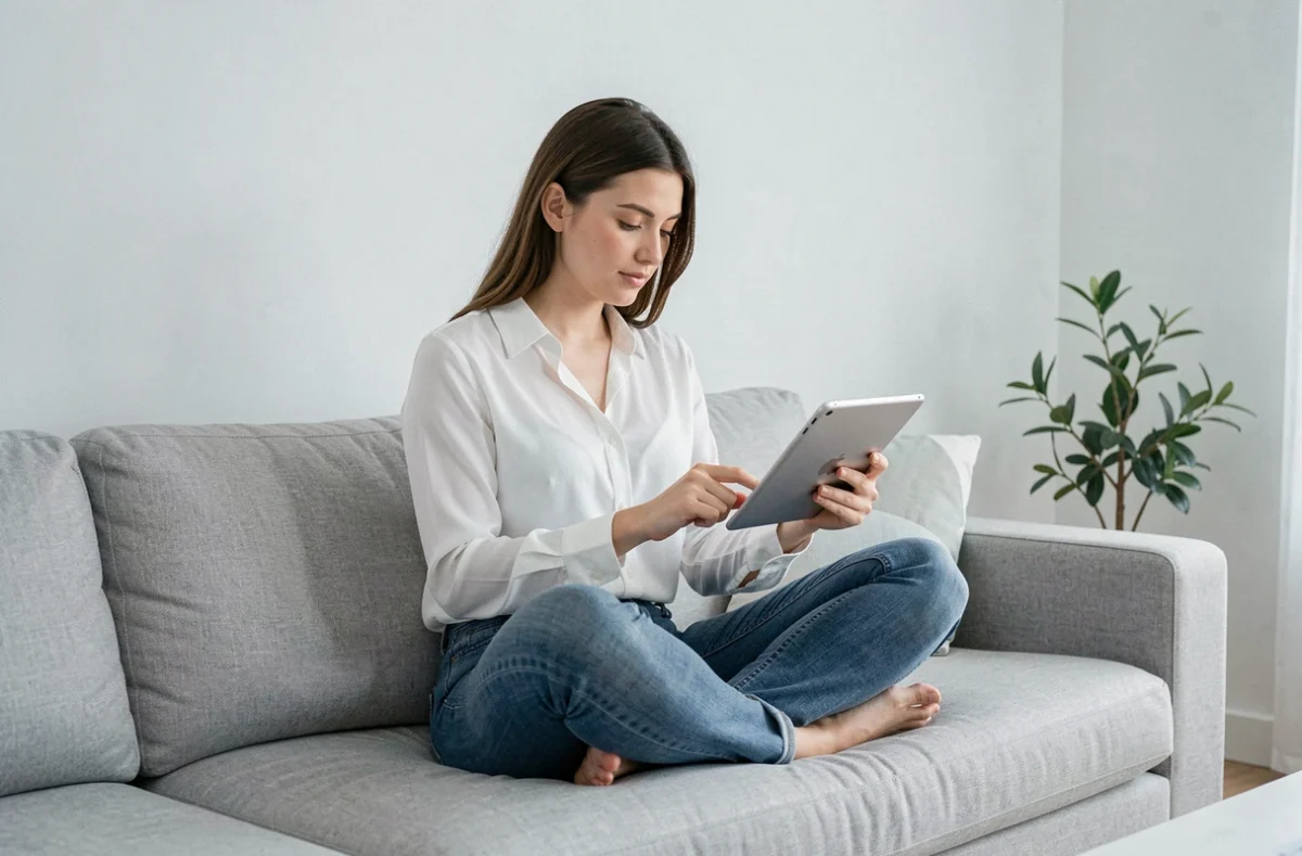 Particulière effectuant un rachat de crédit 100% digital sur tablette depuis son domicile via la plateforme Joptimise.com