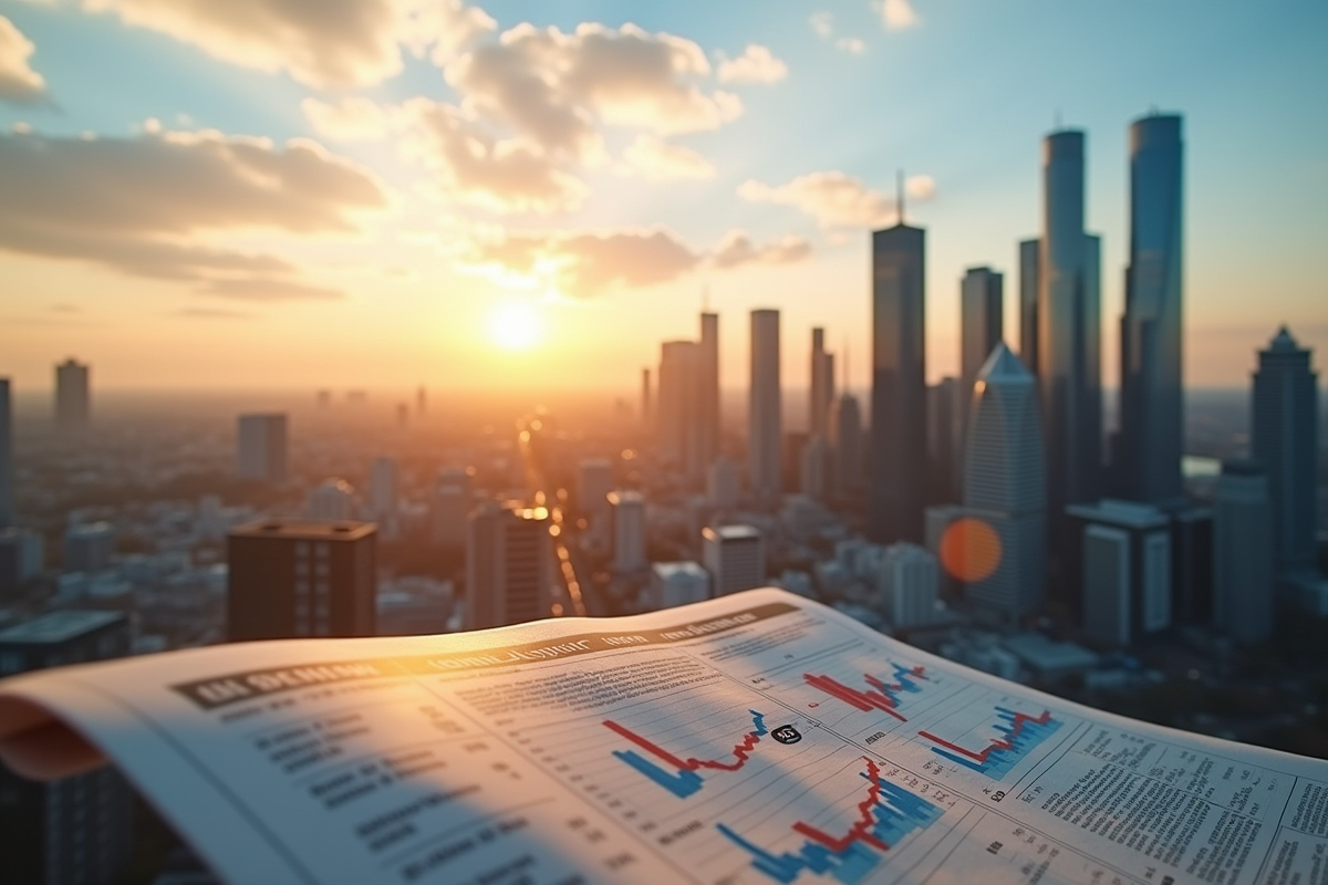 Ciel de La Défense au lever du soleil avec gratte-ciel et journal