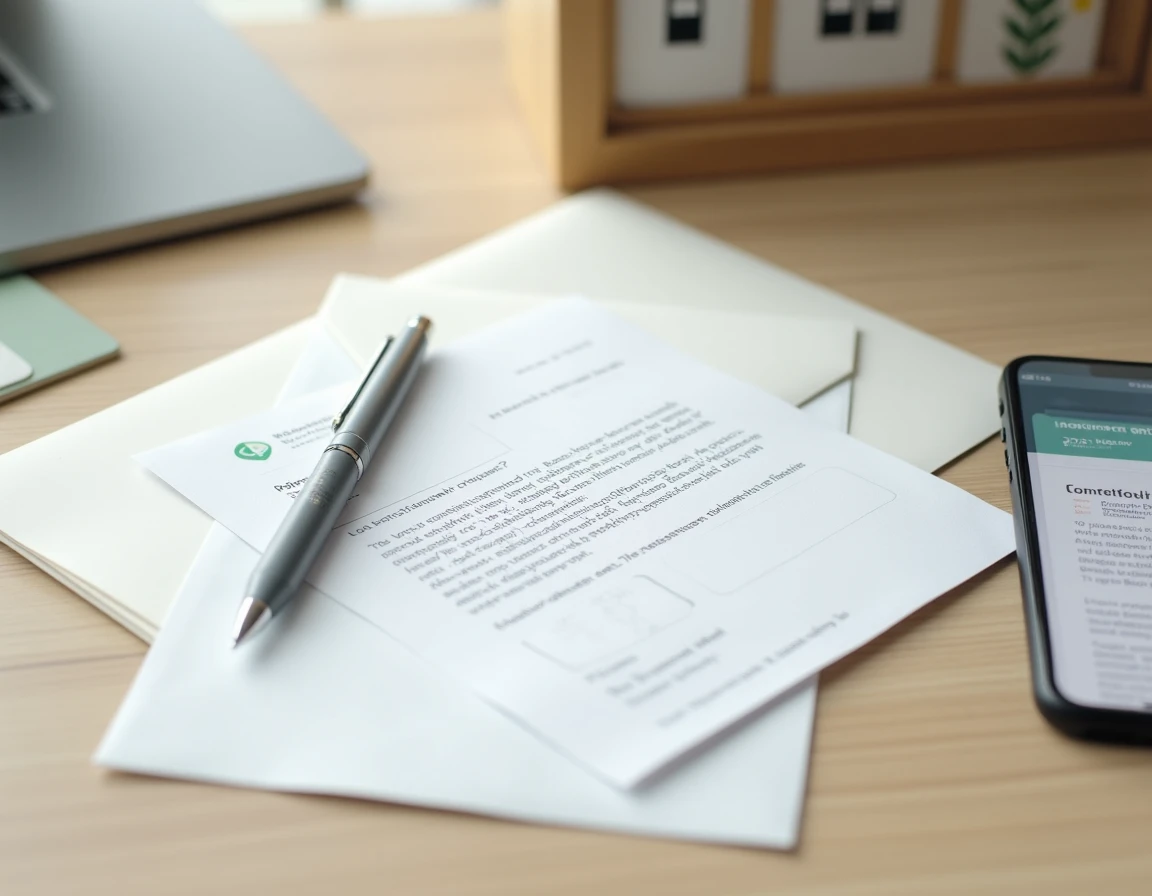 Vue de dessus d'une lettre de résiliation de crédit renouvelable prête à être envoyée avec enveloppe et stylo