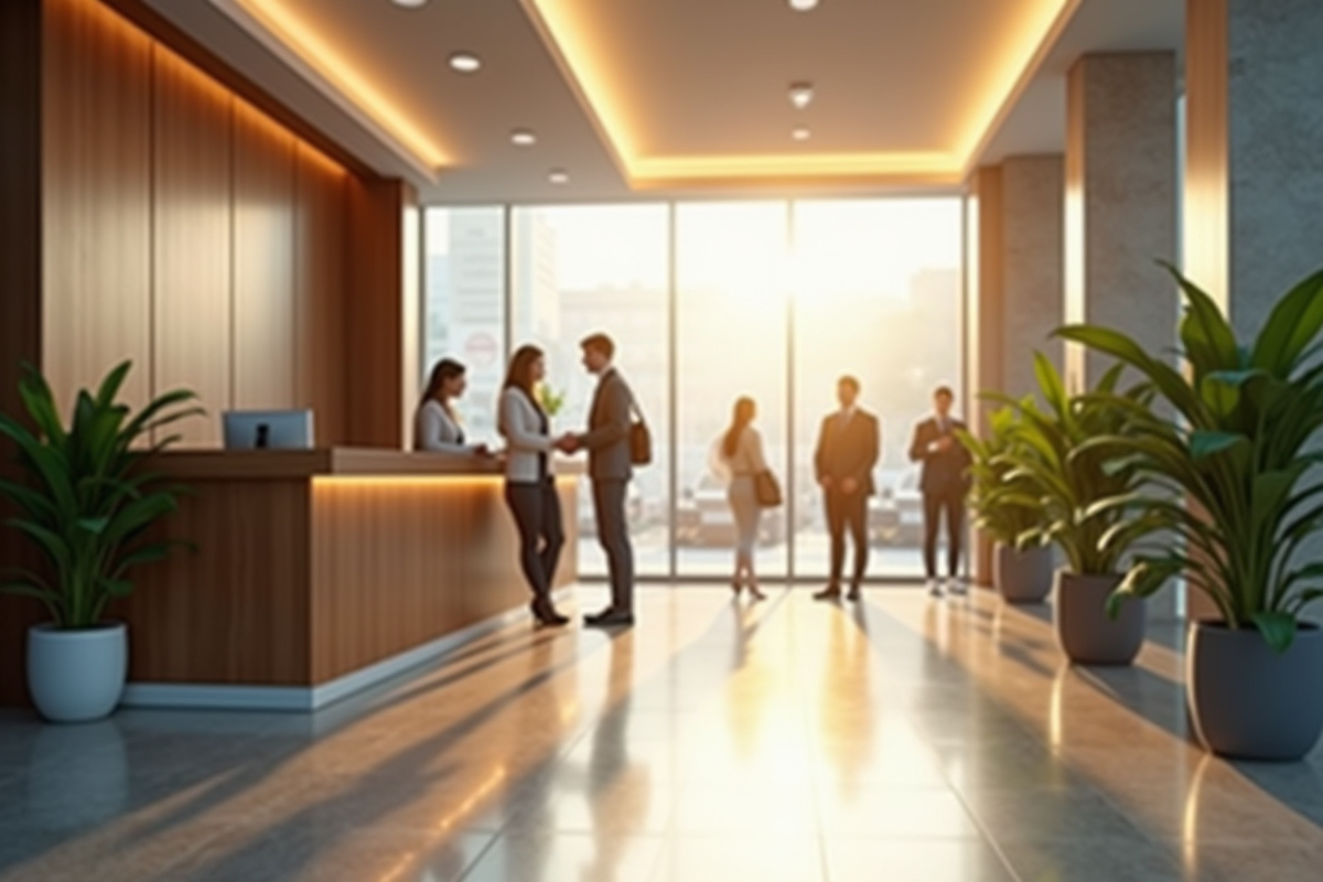 Un hall de banque bien organisé avec une réceptionniste accueillante et clients