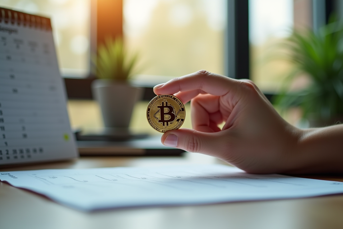 Main tenant une pièce de bitcoin brillante devant un bureau lumineux